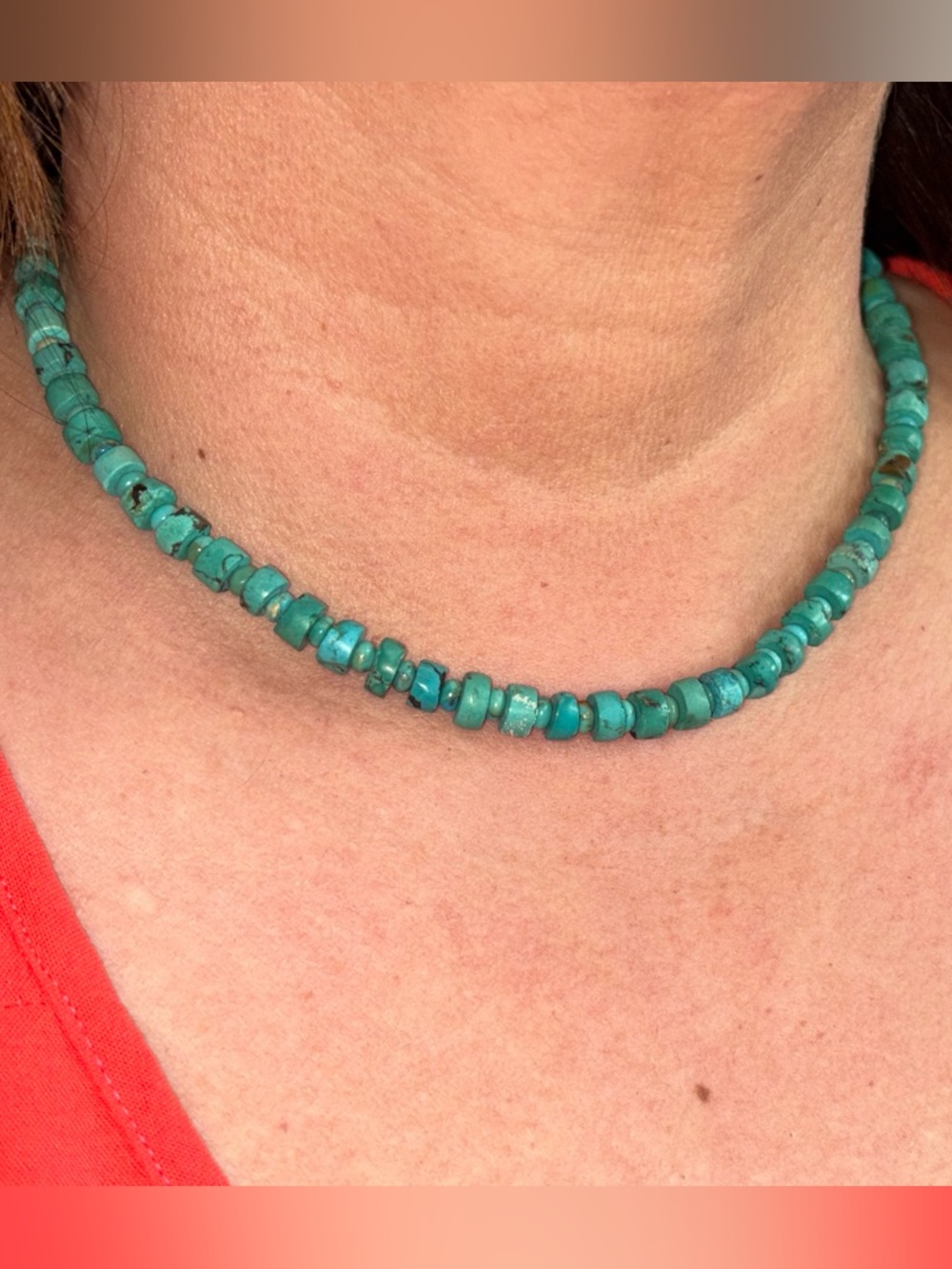 Kingman Turquoise Beaded Choker Necklace - Unbranded Sterling Silver Hook & Eye